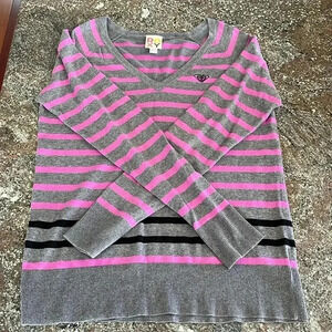 90’s Y2K ROXY Quicksilver skater striped pullover sweater gray pink surf beach L
